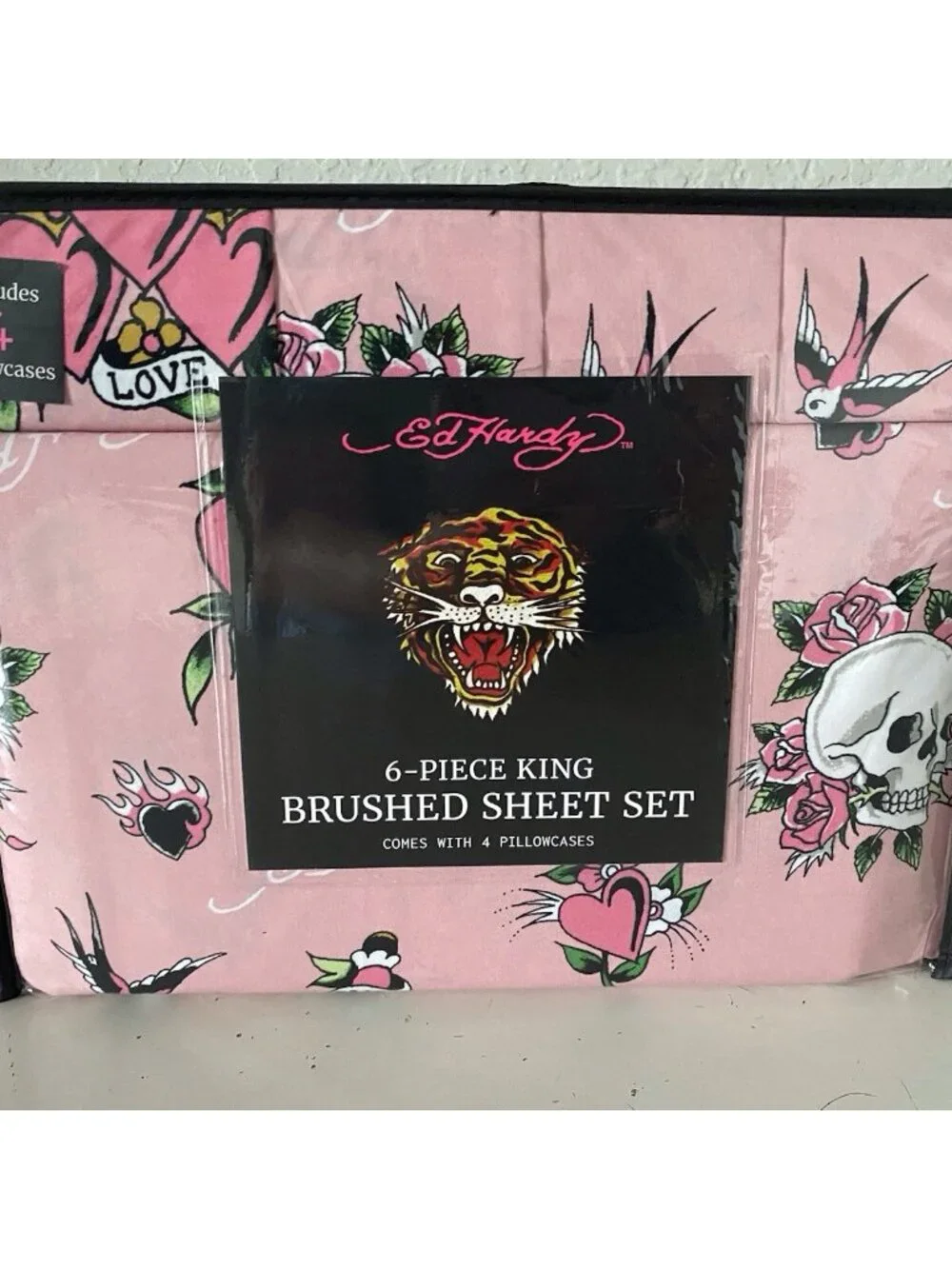 6 Piece Ed Hardy KING Size Sheet Set Pink Logo Skulls Hearts Birds NEW